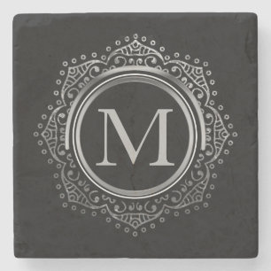 Posavasos De Piedra Plata elegante del negro de la inicial del
