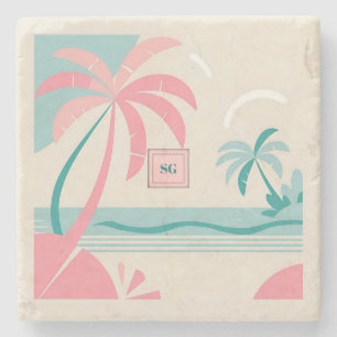 Posavasos De Piedra Playa tropical minimalista de color rosa y verde a