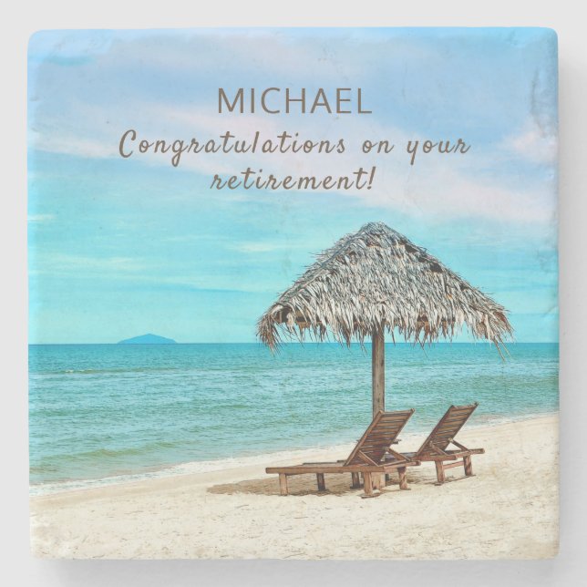 Posavasos De Piedra Playa Tropical Personalizada de Jubilación (Anverso)