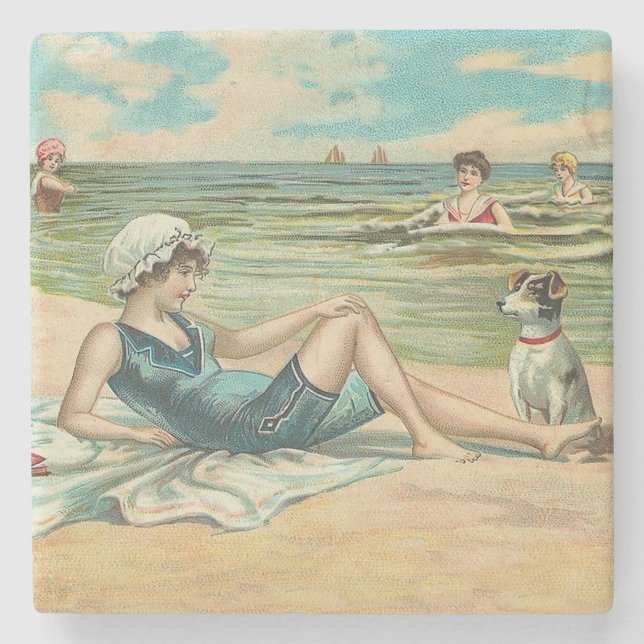 Posavasos De Piedra Playa Victoriana Natación Chica Océano vacaciones  (Anverso)
