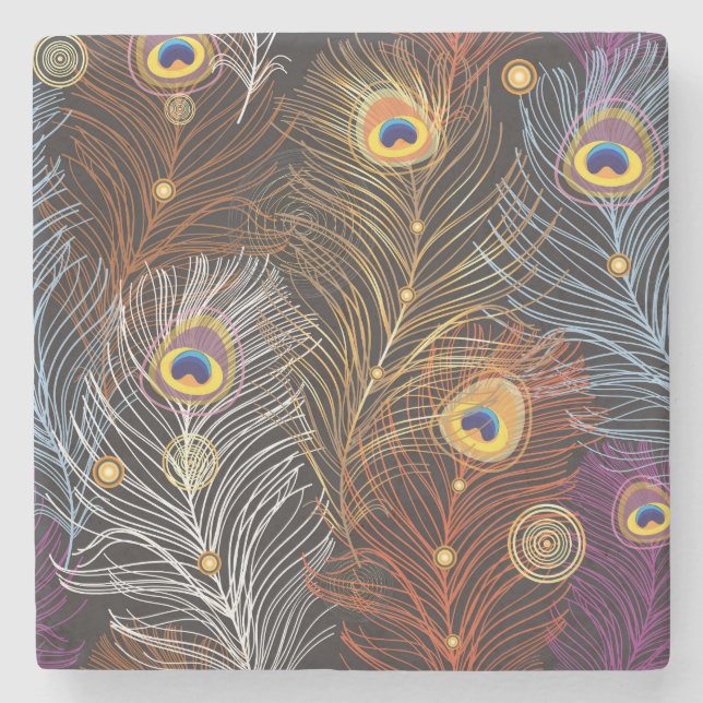Posavasos De Piedra Plumas de pavo real dorado: patrón oscuro. (Anverso)