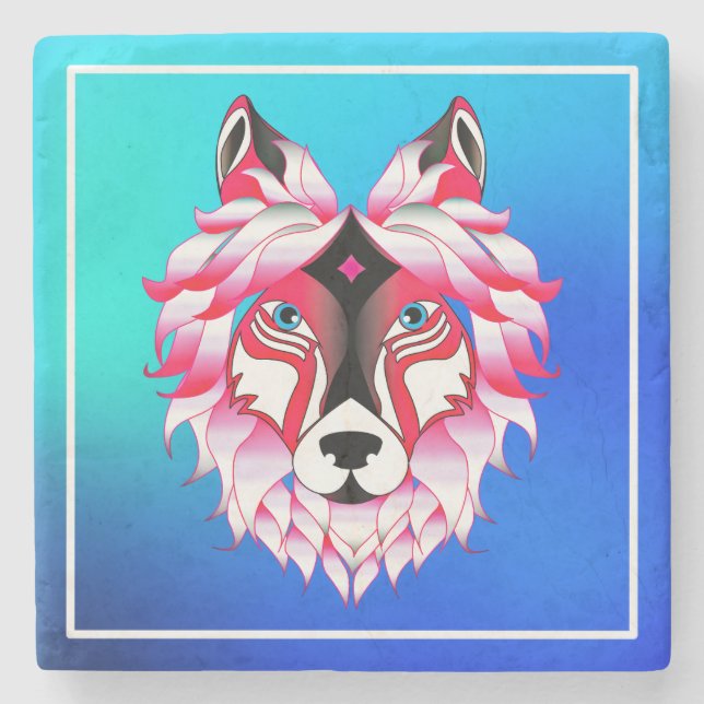 Posavasos De Piedra Polígono de cabeza de lobo rosa-24531 (Anverso)