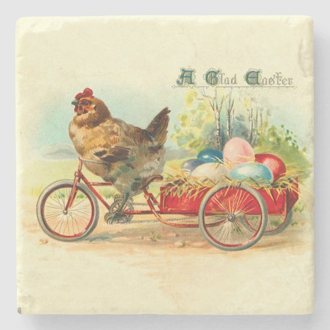 Posavasos De Piedra Pollito vintage en bicicleta Pascua (Anverso)