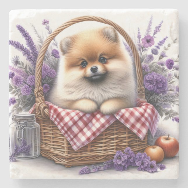 Posavasos De Piedra Pomerania Cachorro de cachorro acuático de flores  (Anverso)