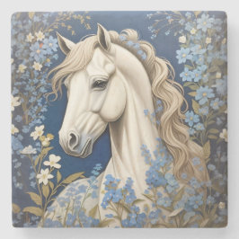 Posavasos De Piedra Pony Blanco Elegante Y Olvidadme-Nots