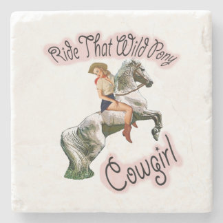 Posavasos De Piedra Pony Wild Cowgirl Pinup sobre la montaña rusa de c