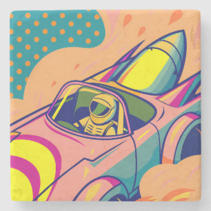 Posavasos De Piedra Pop Art Astronaut Driving Rocket Car