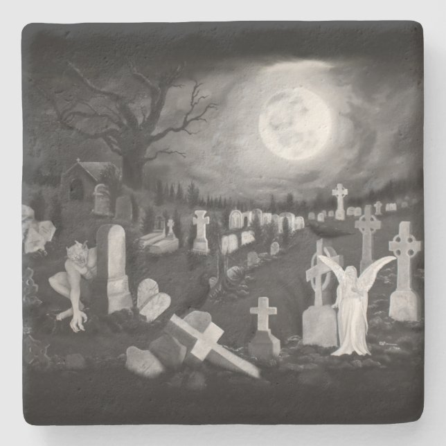 Posavasos De Piedra Por la noche en el cementerio - Ángel con el diabl (Anverso)