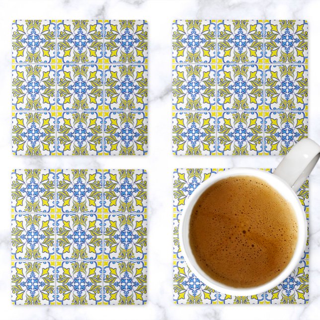 Posavasos De Piedra Portuguese Tile Pattern Yellow White Blue (Subido por el creador)