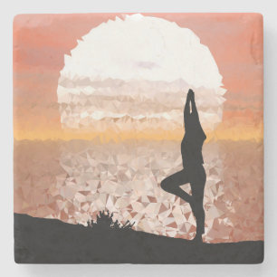 Posavasos De Piedra Pose de yoga abstracto colorido con sol brillante