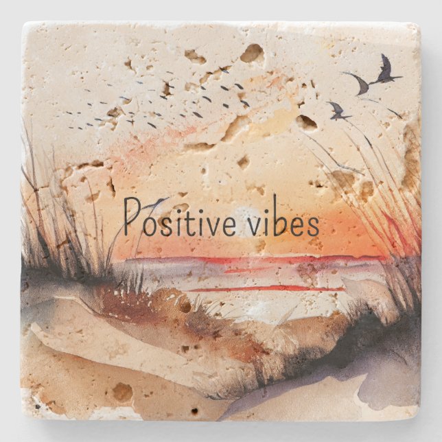 Posavasos De Piedra Positivo Vibes Beach Sunset con Aves (Anverso)