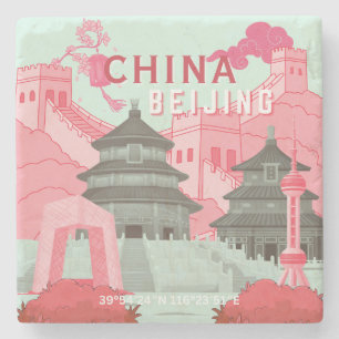 Posavasos De Piedra Póster de viaje a Pekín, China Arte verde menta,