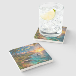 Posavasos De Piedra Póster de viaje de la costa tropical de Maui Hawai