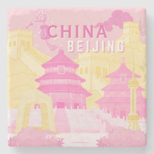Posavasos De Piedra Póster de viaje de Pekín China Arte rosa y amari