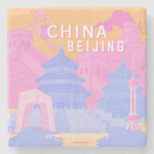 Posavasos De Piedra Póster de viaje de Pekín China Pastel rosa y azu