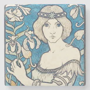 Posavasos De Piedra Póster vintage de mujer Art Nouveau con flores azu