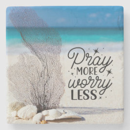 Posavasos De Piedra "Pray More Worry Less" Seashells on Sandy Beach