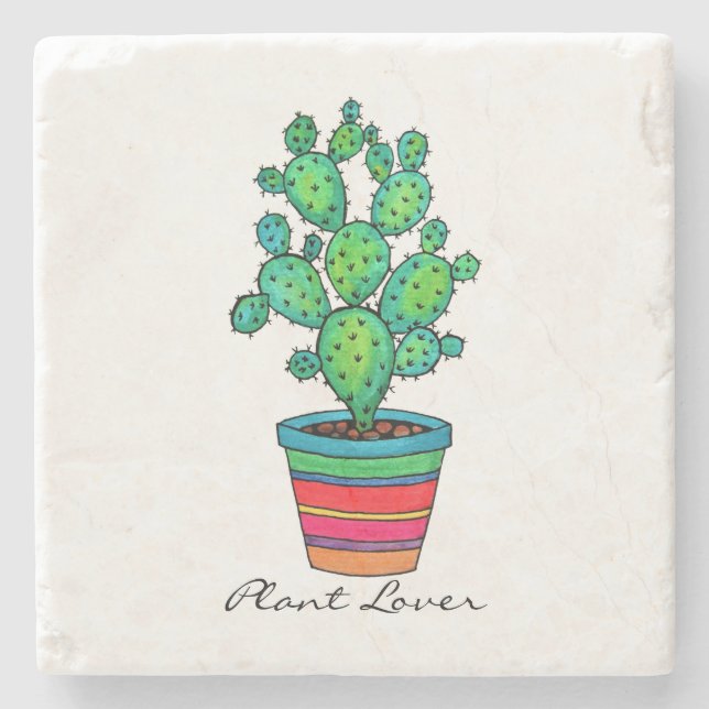 Posavasos De Piedra Precioso Cactus De Acuarela En Bella Cacería (Anverso)