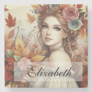 Posavasos De Piedra Princesa de otoño vintage con hojas de otoño