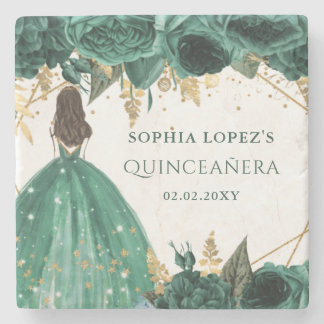 Posavasos De Piedra Princesa floral de oro verde esmeralda Quinceanera
