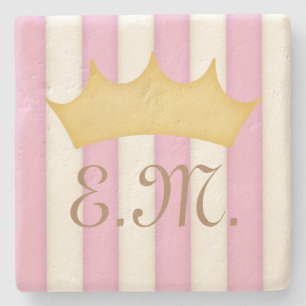 Posavasos De Piedra Princesa Monograma de franjas rosadas victorianas