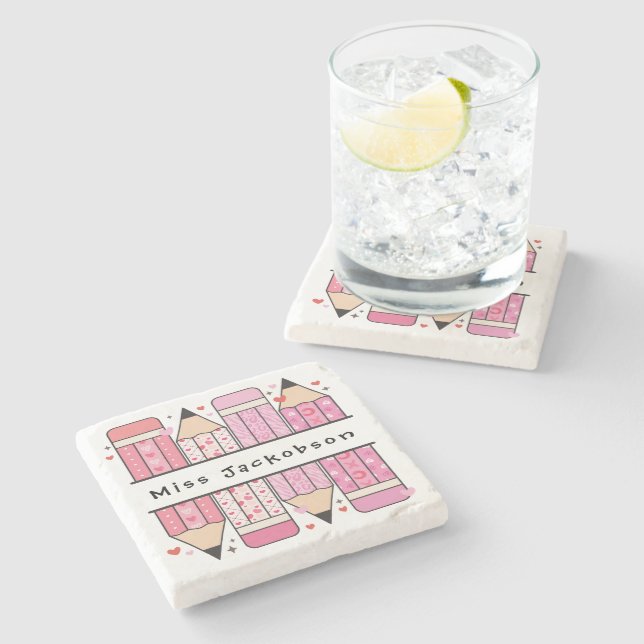 Posavasos De Piedra Profesor de lápiz de nombre personalizado (Lateral)