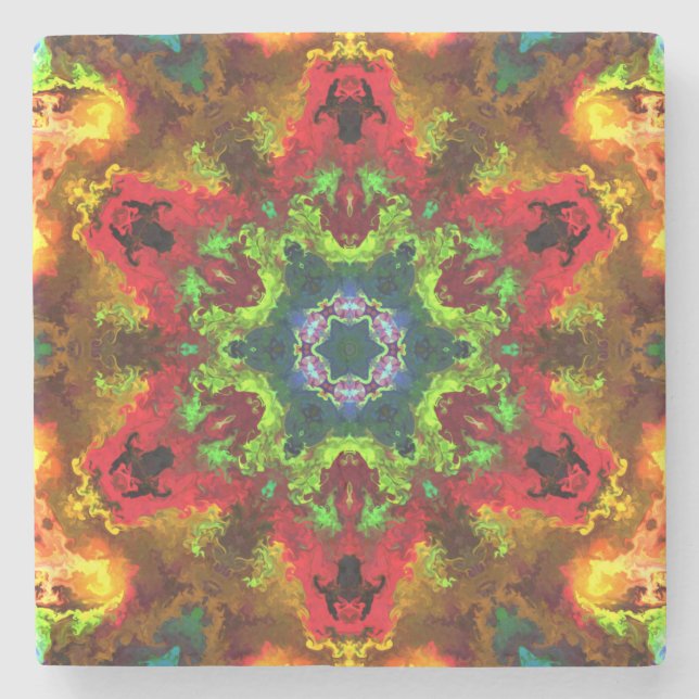 Posavasos De Piedra Psicodelia Hippie Flor Verde Rojo y Naranja (Anverso)