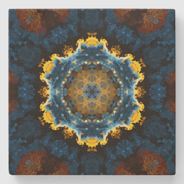 Posavasos De Piedra Psicodelia Mandala Flor Amarillo azul y Naranja (Anverso)