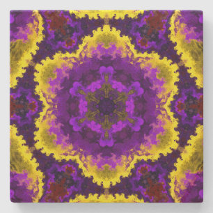 Posavasos De Piedra Psicodelia Mandala Flor Amarillo y Púrpura