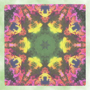 Posavasos De Piedra Psicodélico Mandala Flor rosa amarillo y verde