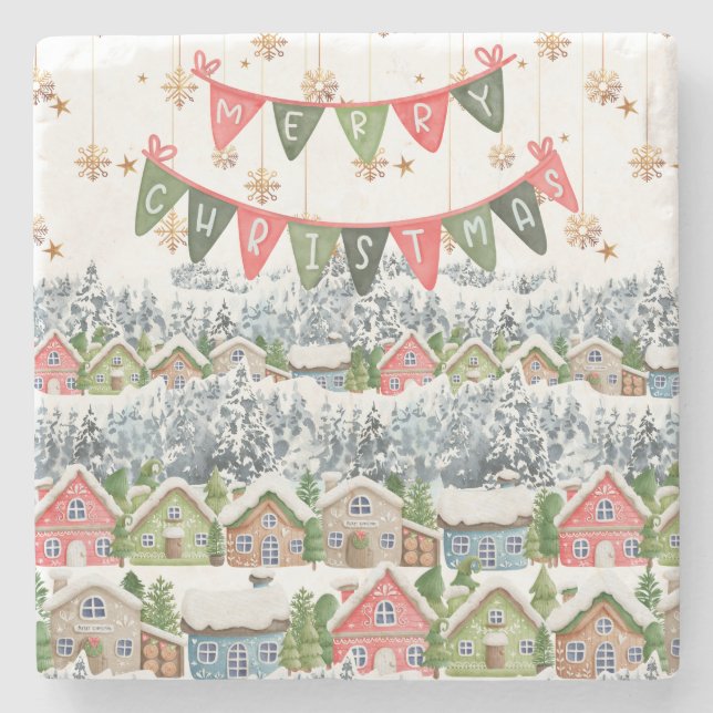 Posavasos De Piedra Pueblo de Navidades de nieve (Anverso)