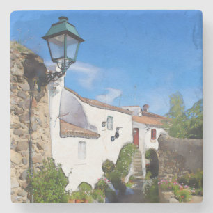 Posavasos De Piedra Pueblo mediterráneo de acuarela