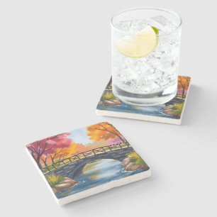 Posavasos De Piedra Puente de Otoño Follaje de Otoño Acuarela Naturale