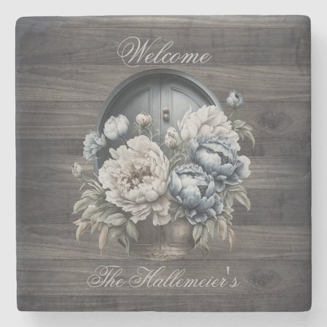 Posavasos De Piedra Puerta de bienvenida en Barnwood con tonos azules  (Anverso)