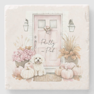 Posavasos De Piedra Puerta Rosa Calabazas Flores Perro
