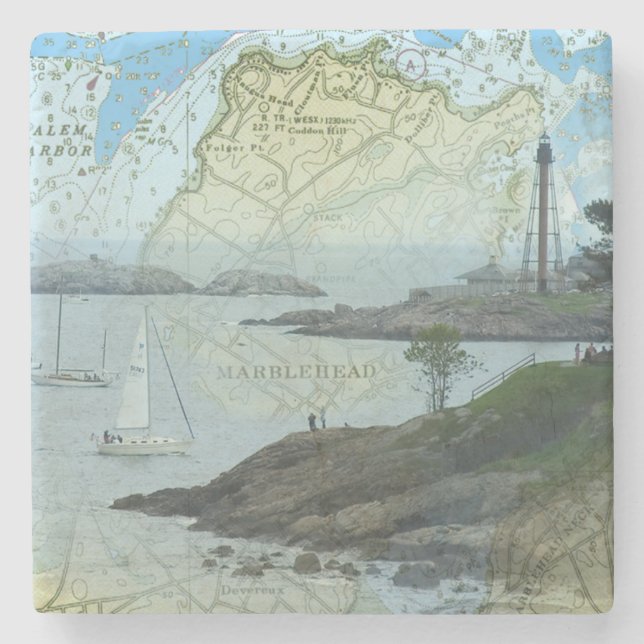 Posavasos De Piedra Puerto de Marblehead Massachusetts con veleros (Anverso)