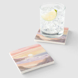 Posavasos De Piedra Puesta de sol en el mar rosado | Pintura en acuare