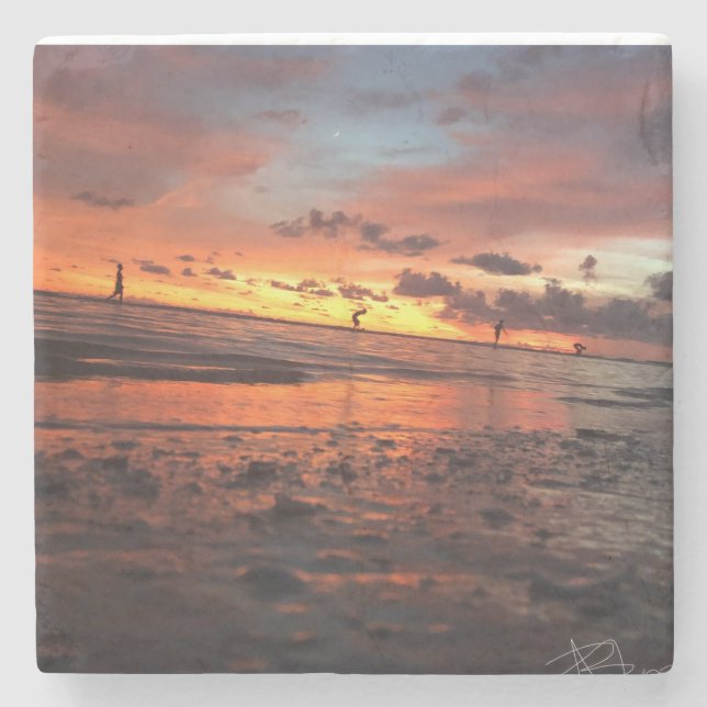 Posavasos De Piedra Puesta de sol en la playa (Anverso)