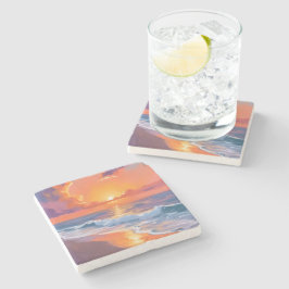 Posavasos De Piedra Puesta de sol naranja de la hora dorada en la play
