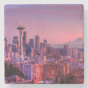 Posavasos De Piedra Puesta del sol detrás del horizonte de Seattle de