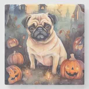 Posavasos De Piedra Pug de Halloween con calabazas espeluznante