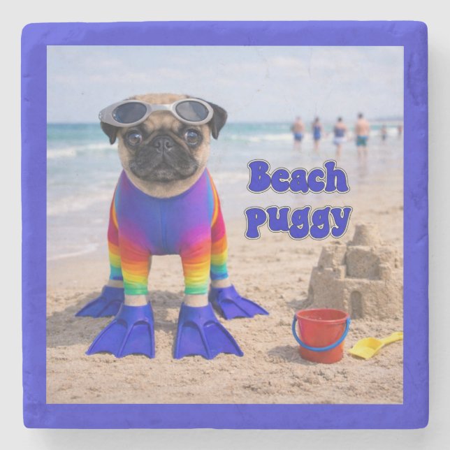 Posavasos De Piedra Pug de la playa (Anverso)
