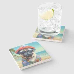 Posavasos De Piedra Pug en la playa, regalo de verano para amante de l