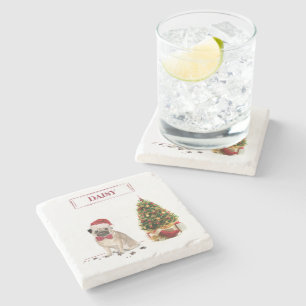 Posavasos De Piedra Pug graciosos Navidades perro con árbol