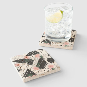 Posavasos De Piedra Puntos abstractos modernos y flores rosas