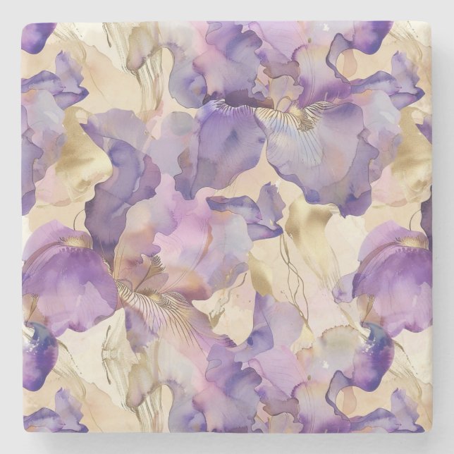 Posavasos De Piedra Purple White Gold Iris Floral Abstract (Anverso)