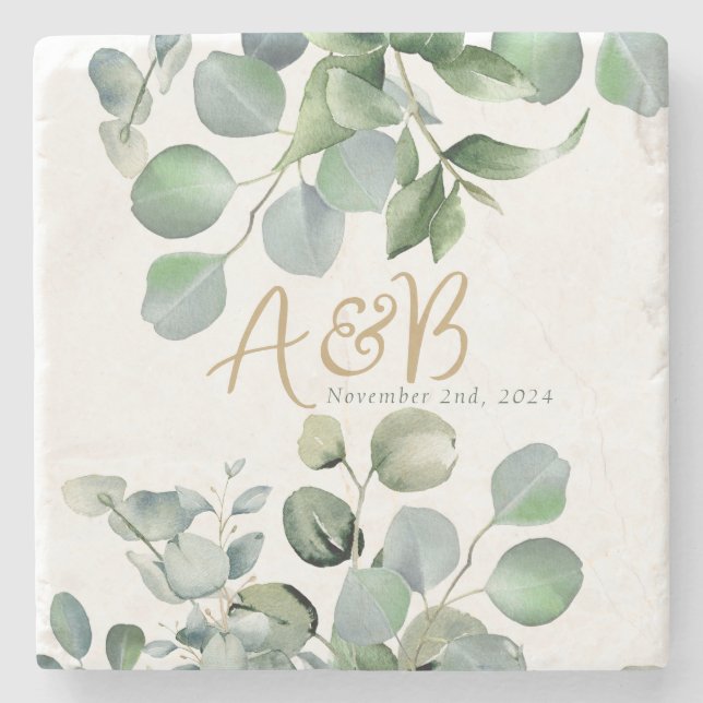 Posavasos De Piedra Purpurina de oro Eucalyptus - Boda verde (Anverso)