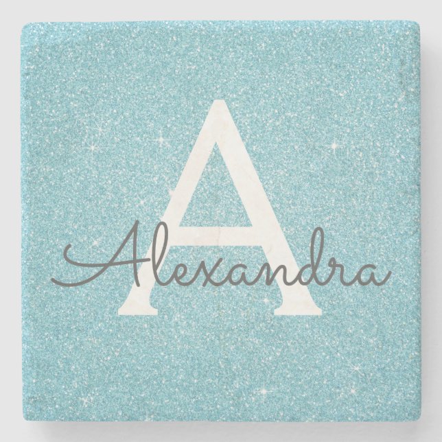 Posavasos De Piedra Purpurina elegante azul verde azulado y monograma  (Anverso)