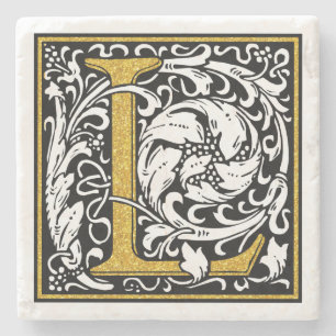 Posavasos De Piedra Purpurina Negro Y Oro Monograma L Acentos Florales