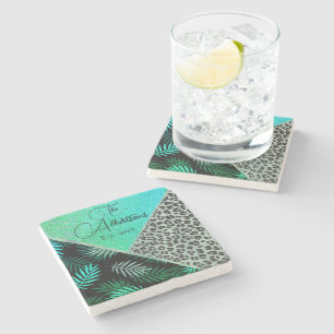 Posavasos De Piedra Purpurina Tropical Fern Leopard